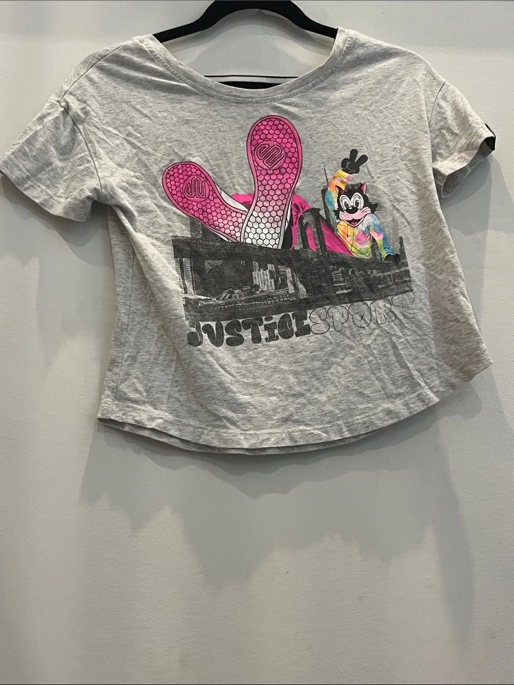 Justice Gray Tee with Pink Soles and Multicolor Character Print